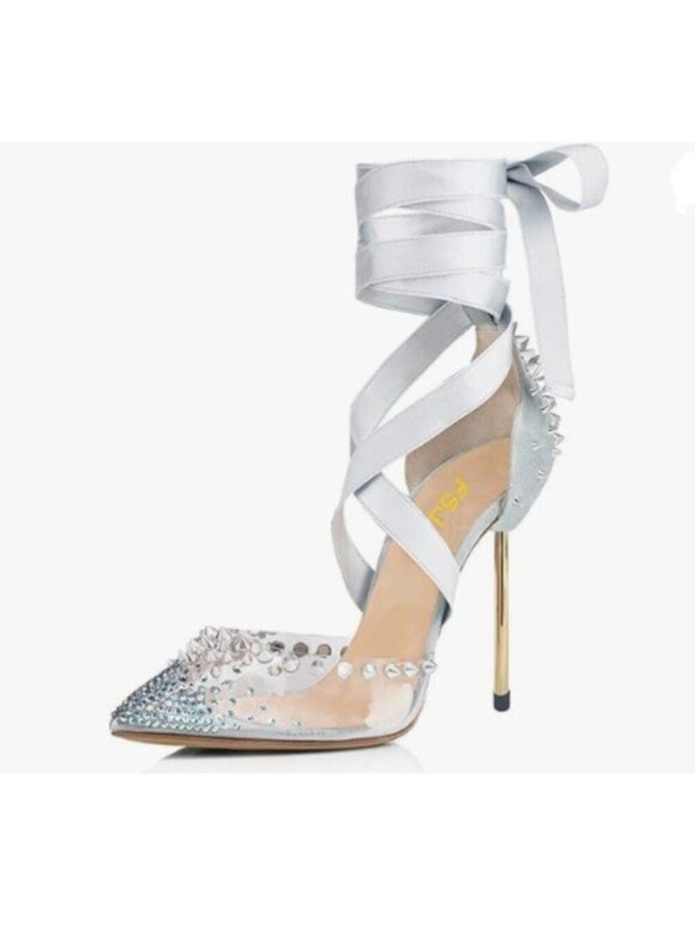 FSJ Women High Heel Ankle Strap Sandals Pointed Toe Rivets Pumps PVC  Light Blue